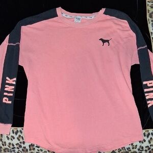 PINK Victoria's Secret Pink Body with Black Sleeve Stripe Long Sleeve Tee